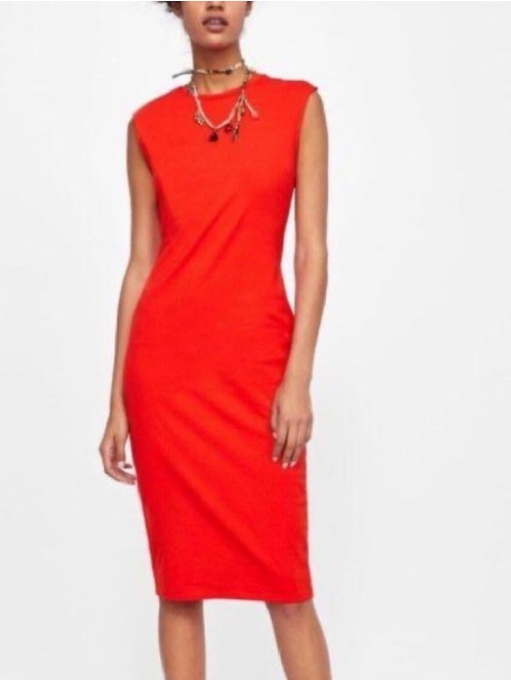 Zara Red Sleeveless Midi Sheath Dress Small